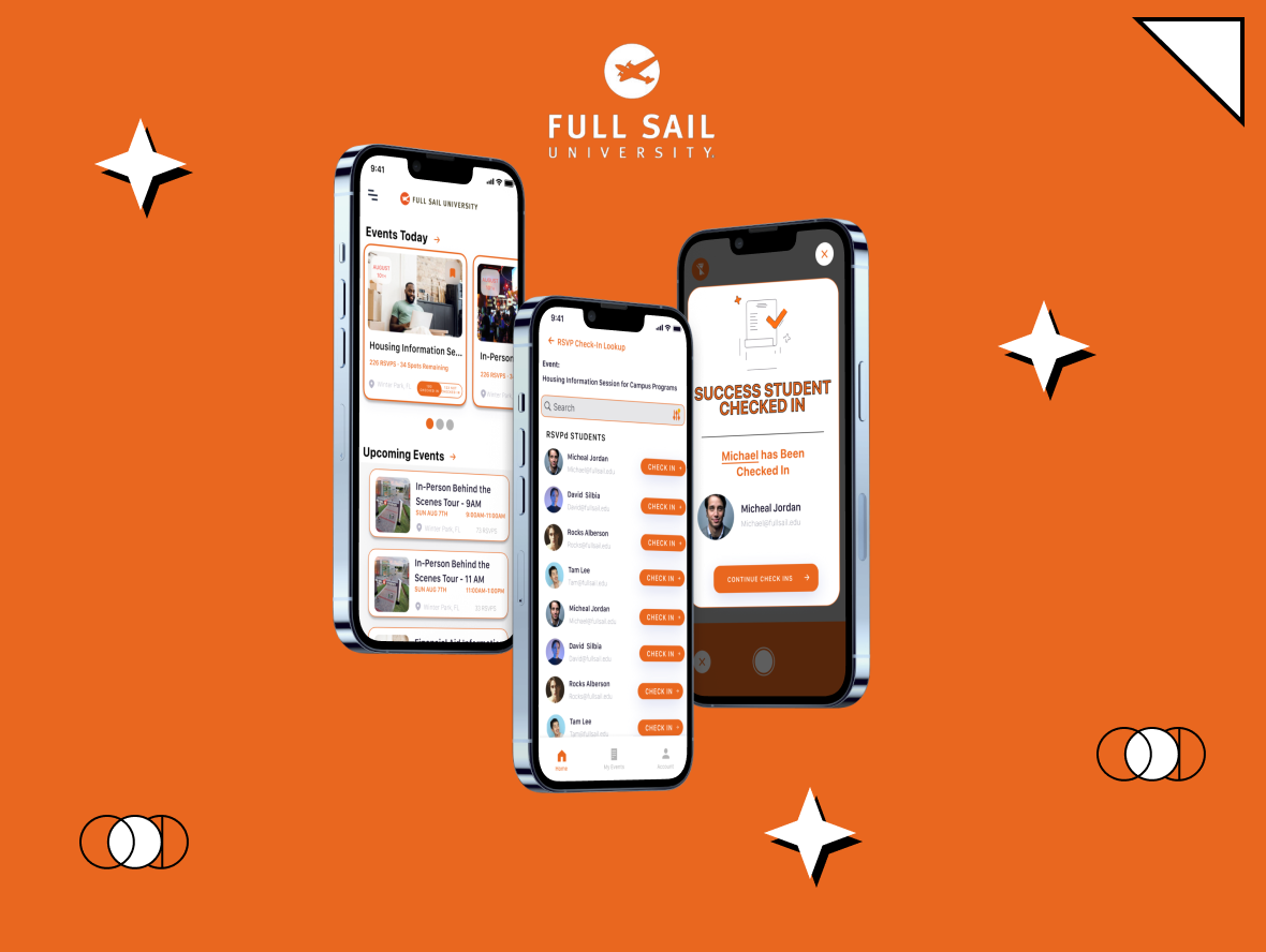 3 iphones floating displaying full sail comps